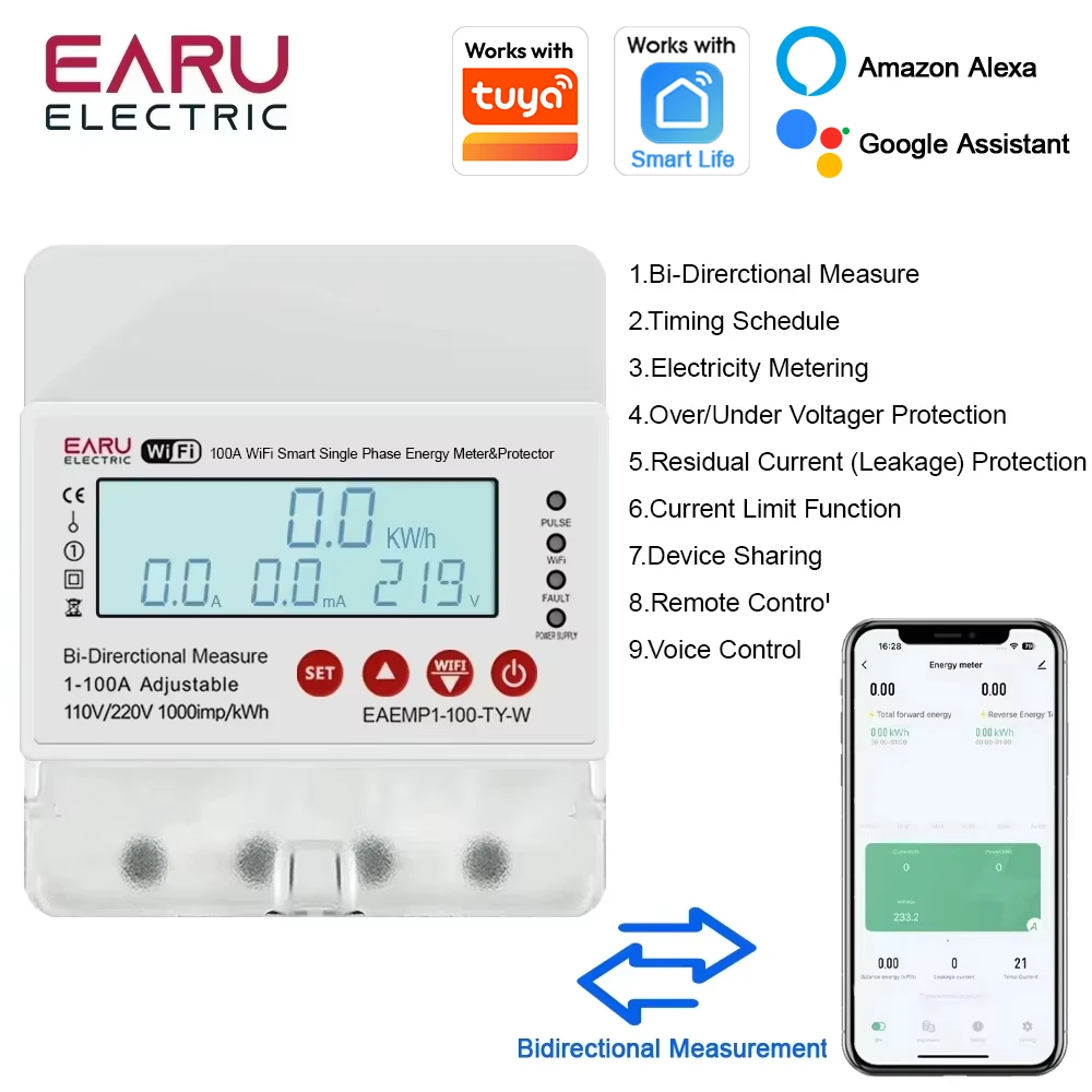 EARU Tuya WiFi Smart Enery Power kWh Meter Monitor Under Over Voltage Current Earth Leakage Protector Time Relay Switch Breaker
