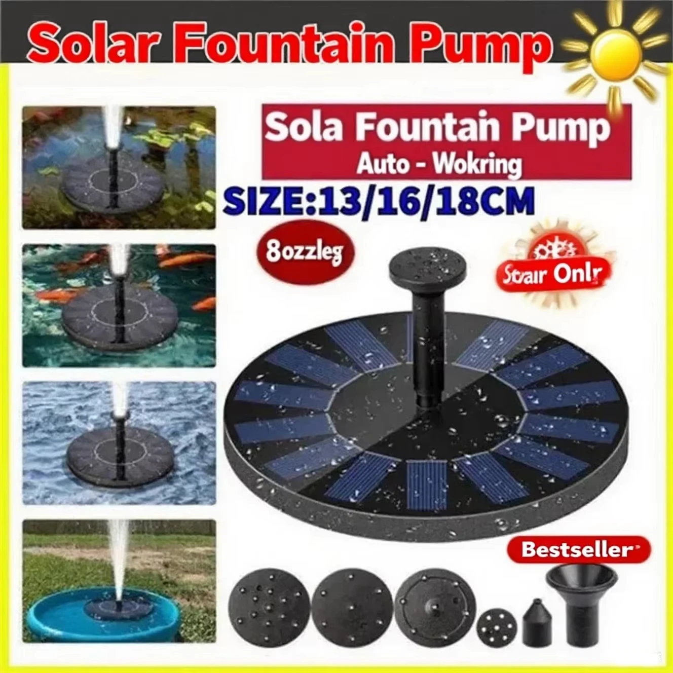 13cm Solar Fountain Pumps - Ideal for Outdoor Garden Pools, Bird Baths, Small Ponds. 8-Nozzle Floating Model