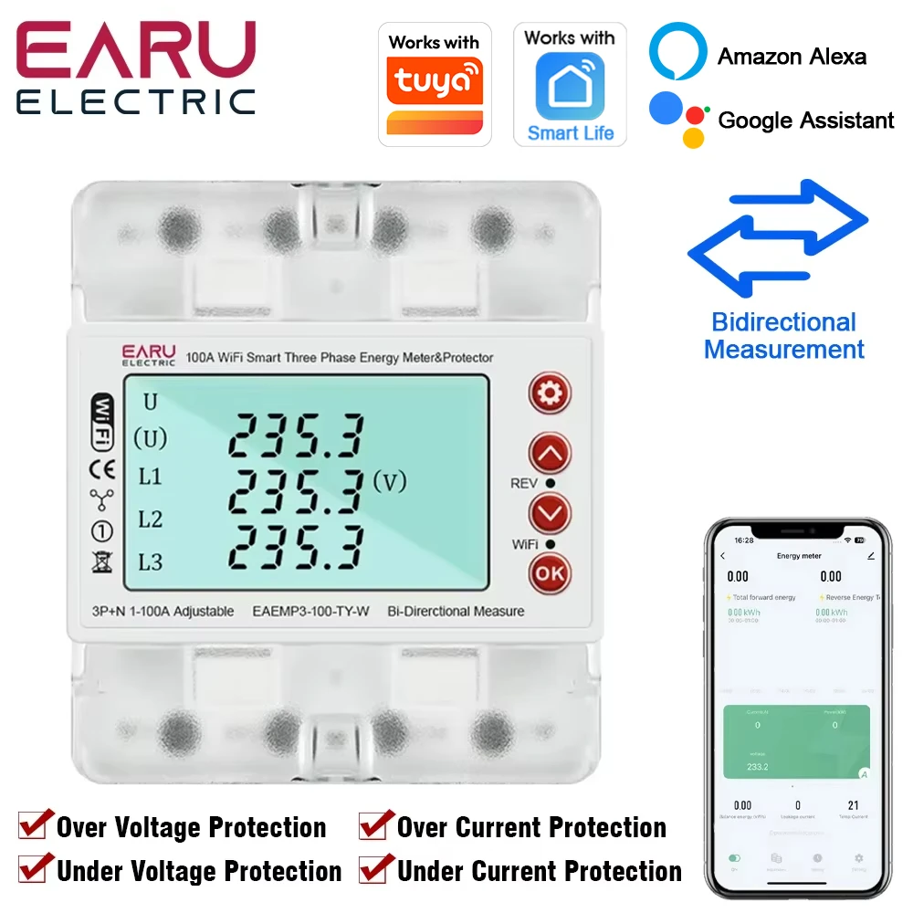 EARU Three Phase Tuya WiFi Smart Bidirectional Energy Power kWh Meter Over Under Voltage Protector Relay Switch Current Limit