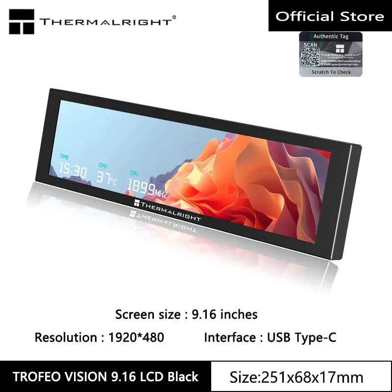 Thermalright TROFEO VISION LCD IPS full-color LCD screen，9.16 inches/magnetic/1920*480 resolution/USB Type-C port Display screen