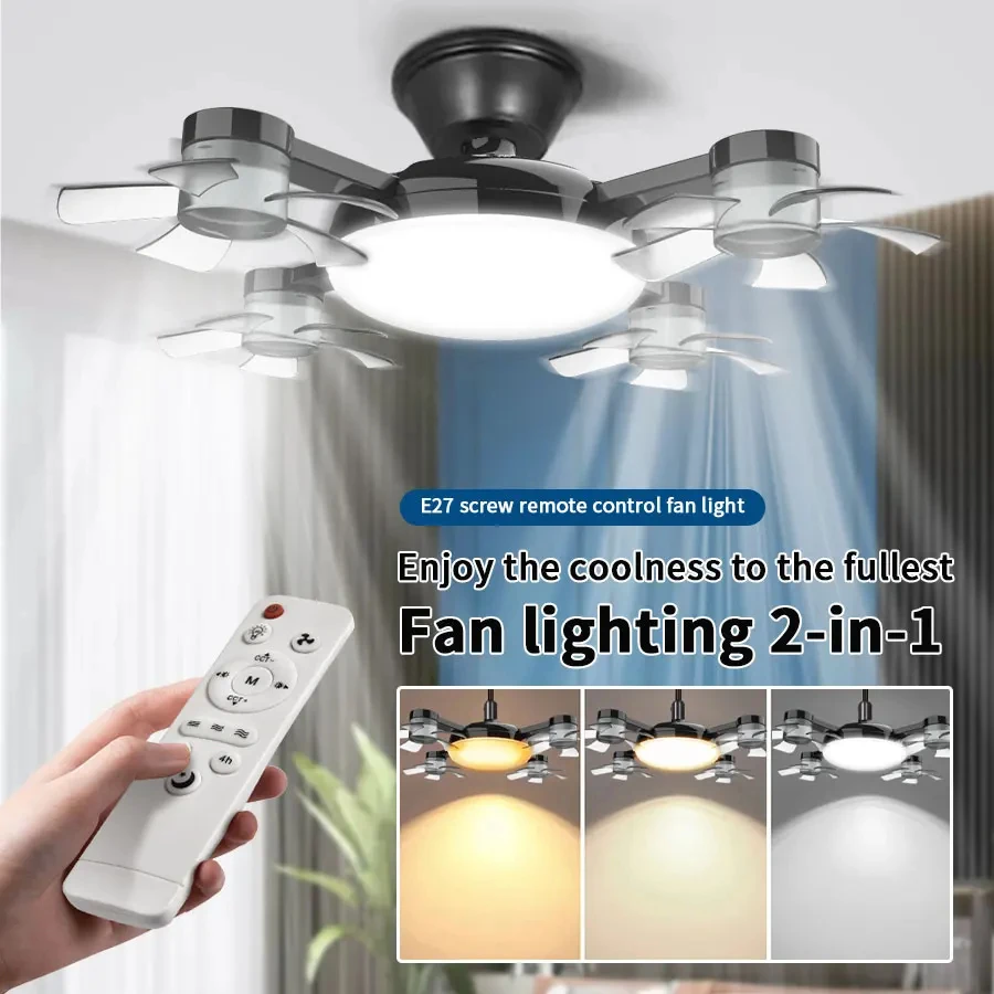 E27 Fan Light 2-in-1 60W Drone Design Ceiling Fan Light with Remote Control AC85-265V Fan Lighting Bulb for Home Restaurant